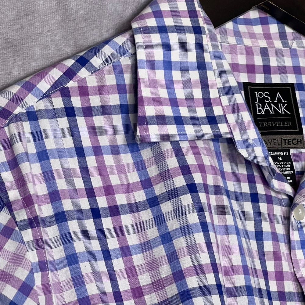 Jos. A. Bank Button Down Shirt Mens Medium Purple Blue Check Traveler Tailored - Picture 5 of 9